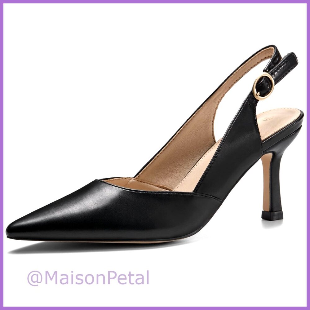 Faux Leather Slingback Kitten Heel Pumps Closed Toe Backless